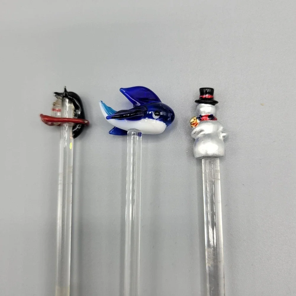 Glass Stirrer Sticks Set Of 7 Decorative Tops  Penguin Fish Snowman Star Cactus